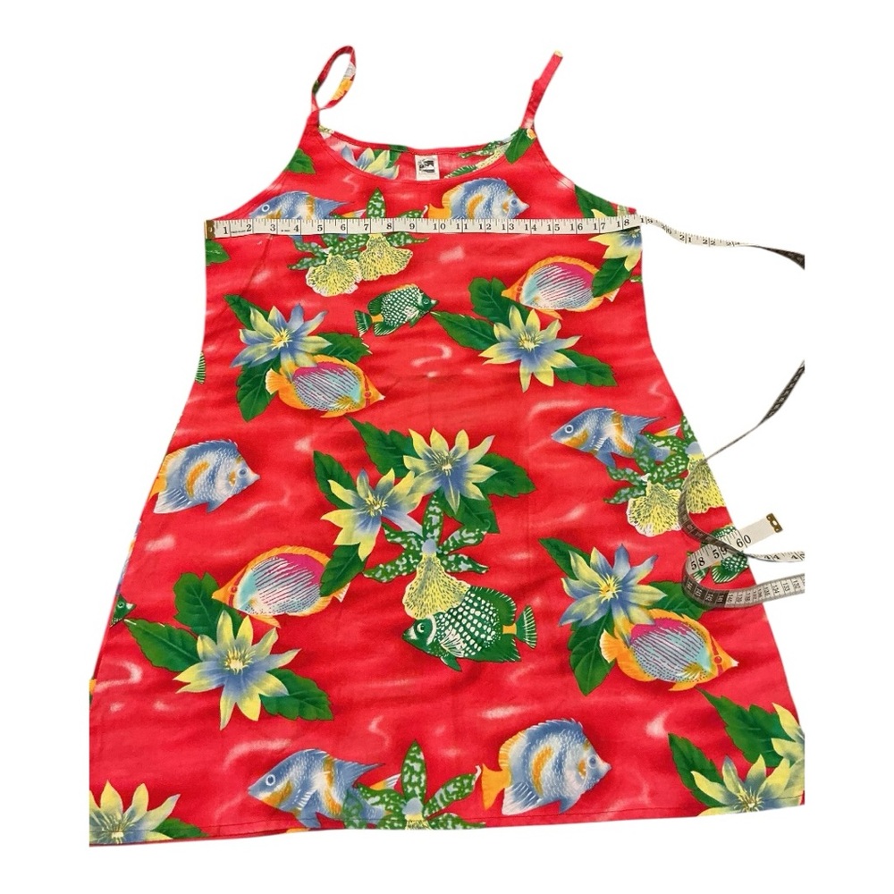 Huguette Creation Tahiti Red Tropical Floral Fish Print Cotton Sundress S-M AA44 - Picture 5 of 6